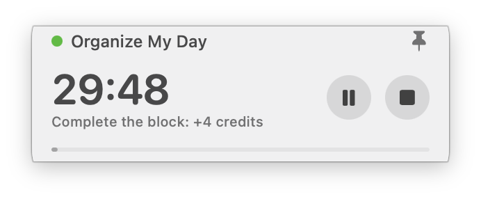 Arcadoro's floating timer for Organize My Day, with 29:48 left and 4 credits for finishing the block.