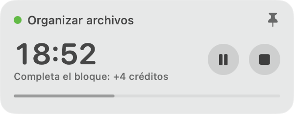 El temporizador flotante de Arcadoro con la tarea en curso, el tiempo restante y los créditos que dará el bloque.