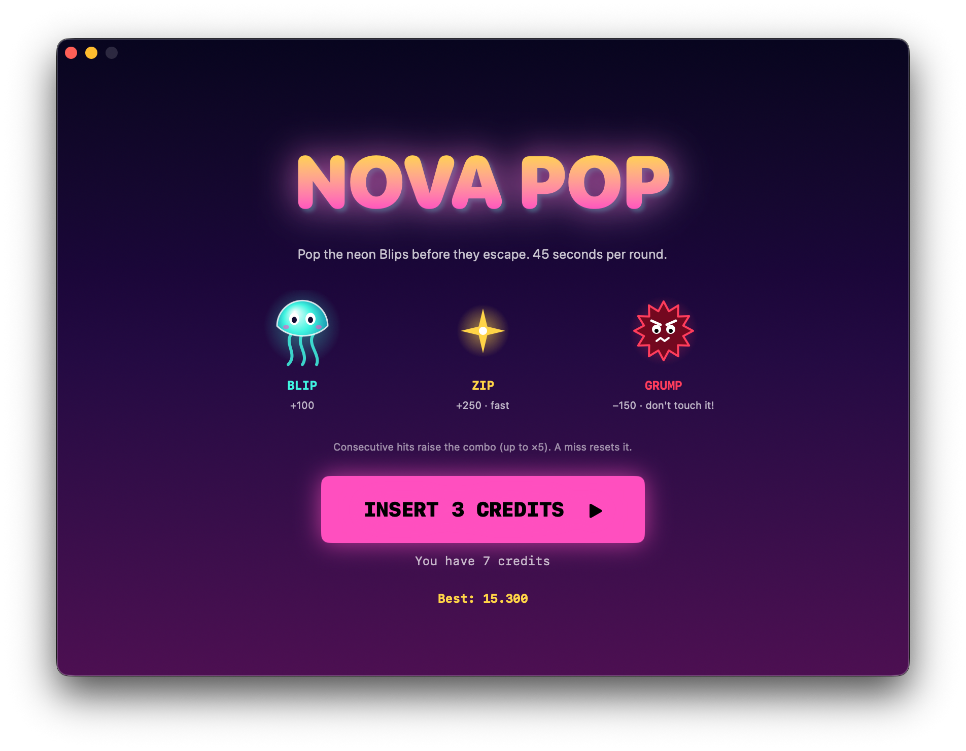 Nova Pop's start screen with its three characters, the rules and a button to insert 3 credits.