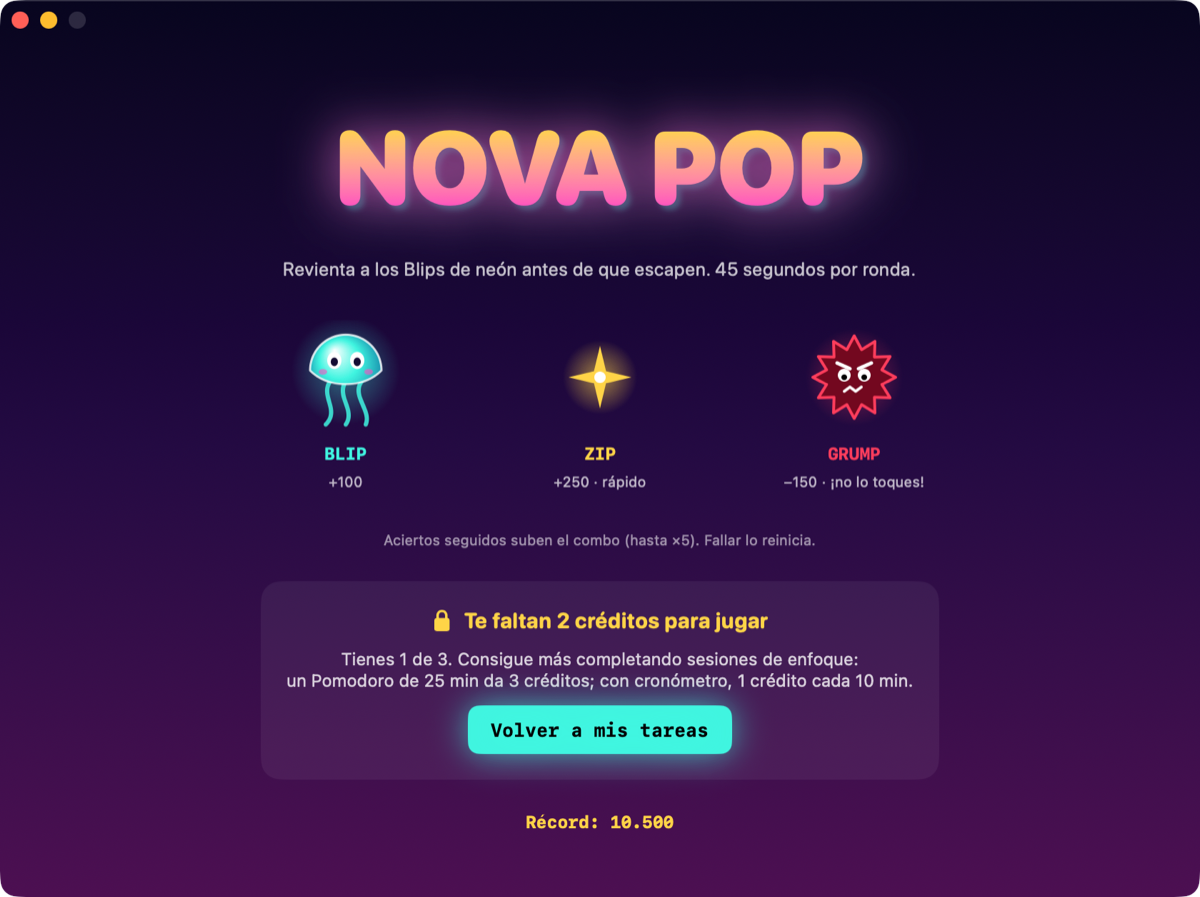 La pantalla inicial de Nova Pop con sus tres personajes, la puntuación de cada uno y las reglas del juego.