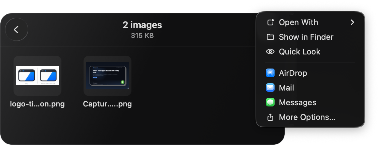 The tray open with its actions menu: Open With, Show in Finder, Quick Look, AirDrop, Mail, Messages and More options.