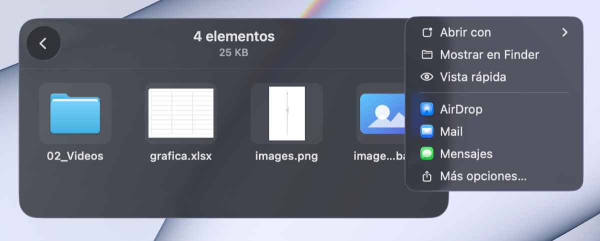 La bandeja abierta con su menú de acciones: Abrir con, Mostrar en Finder, Vista rápida, AirDrop, Mail, Mensajes y Más opciones.