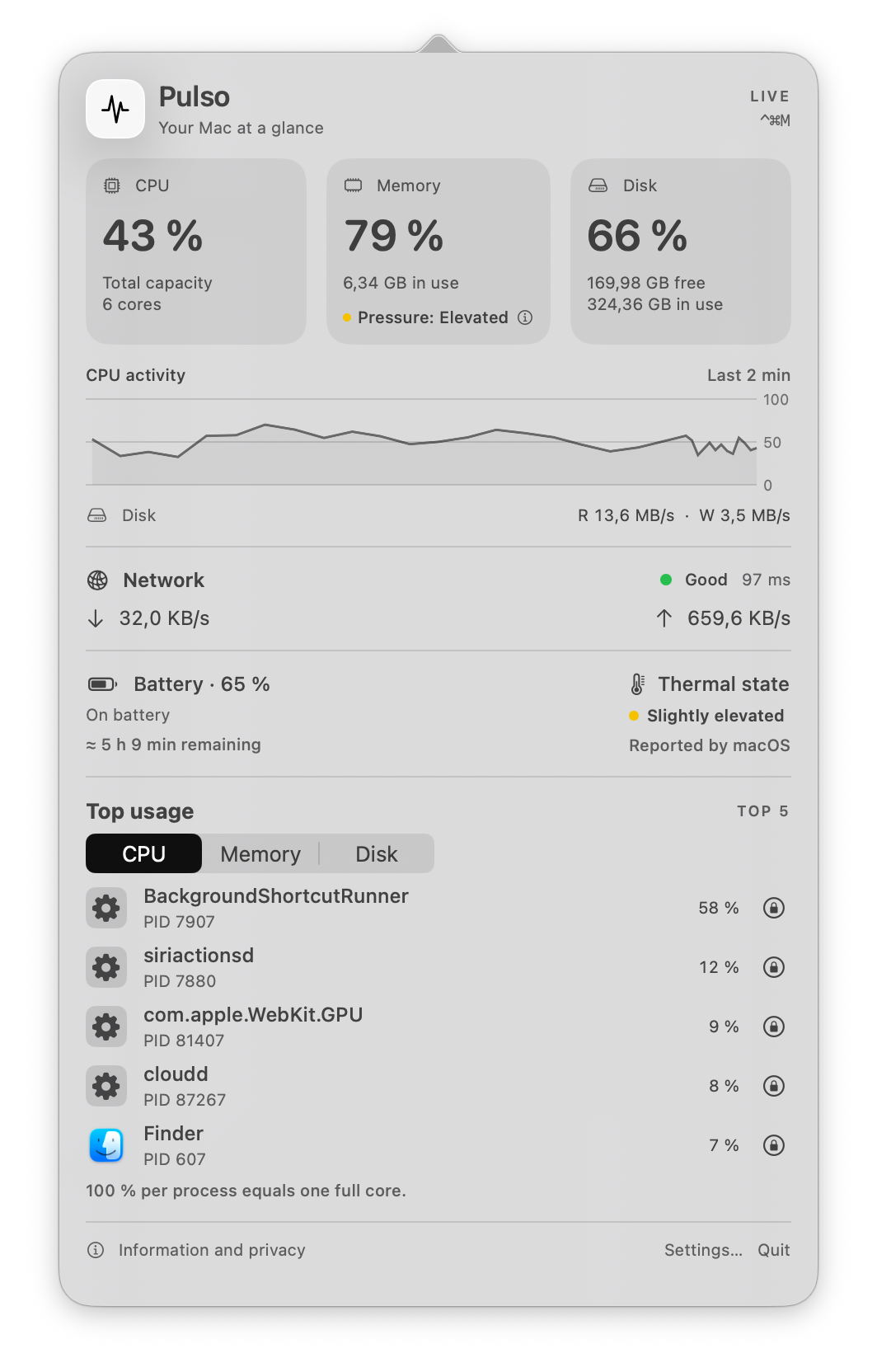 Pulso's process list sorted by CPU, with tabs for CPU, memory and disk.